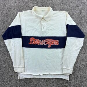 Vintage Detroit Tigers Rugby Shirt Boys XL White Long Sleeve Polo Shirt